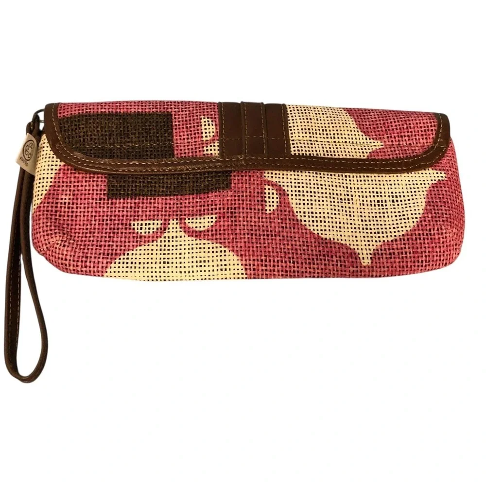 Engage Green by Lauren Mccann‎ Clutch Wristlet Pink Beige Floral Leather Trim